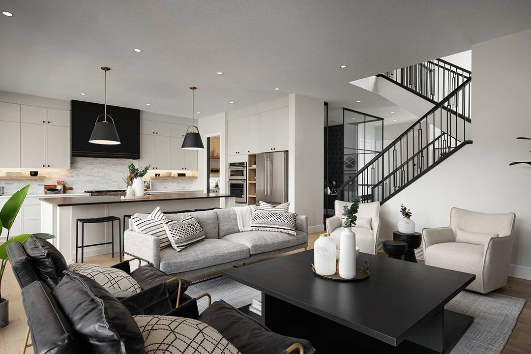 Interior kitchen and living room of a Shane Homes showhome in Calgary.