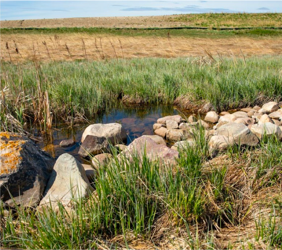 a river with a rock wall and a rock wall