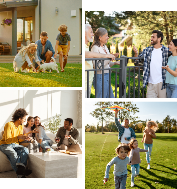 A collage of four images shows people socializing outdoors with pets, talking by a fence, enjoying snacks indoors, and playing with children and a toy plane in a park.