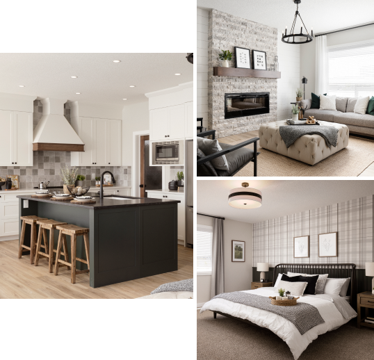 Modern home interior collage: a sleek kitchen with a dark island and bar stools, a cozy living room with a fireplace, and a serene bedroom with plaid accents.