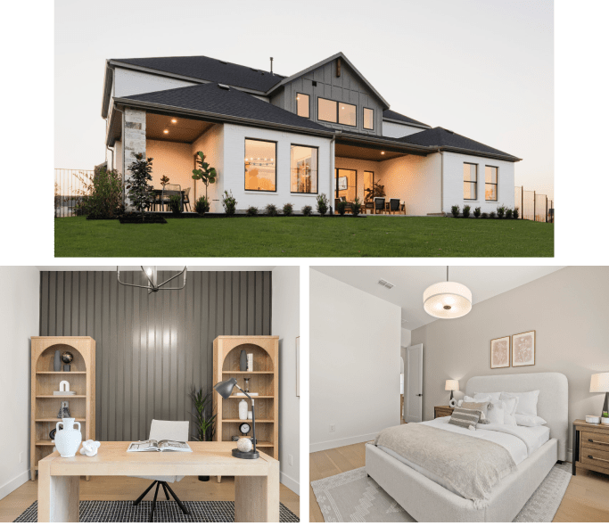 Three-panel image showing a contemporary house exterior at twilight, a home office with arch-shaped bookshelves and dark fluted paneling, and a bedroom with a cream bed and round light fixture.