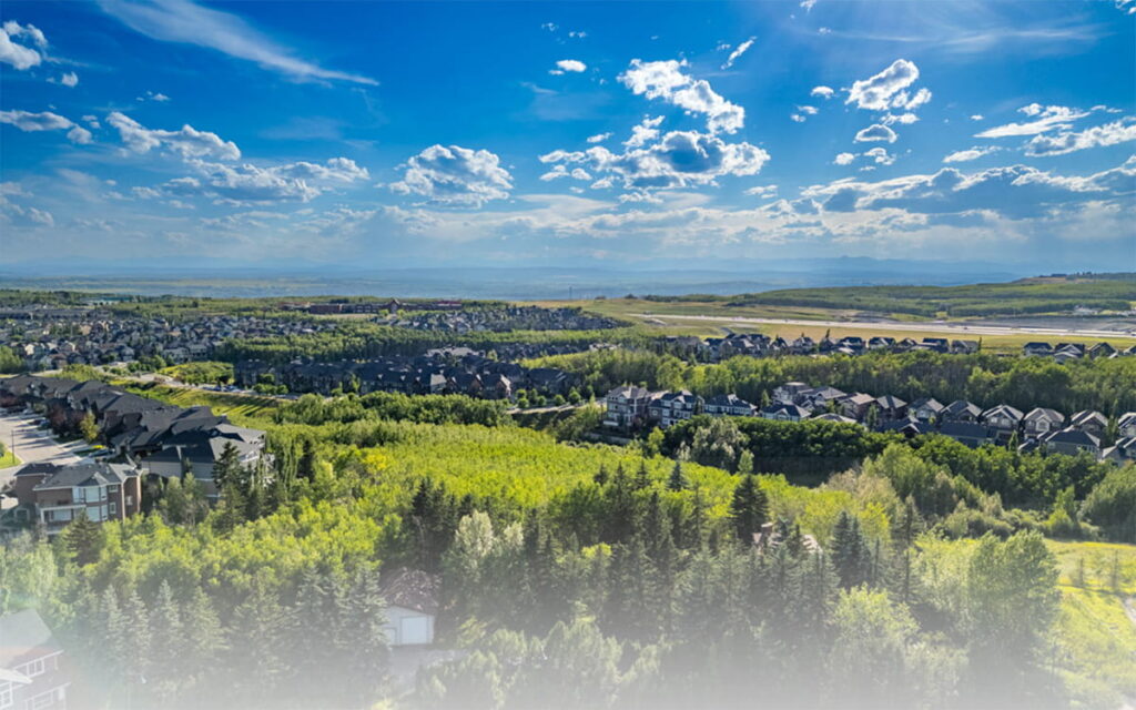 A scenic view of a residential neighborhood surrounded by trees and mountains in the background.