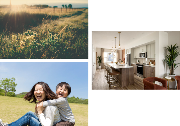 Four images showcasing a home, a family together, and a woman smiling in a garden setting.