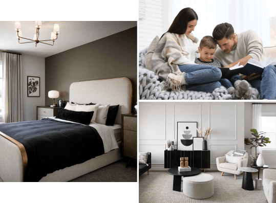 a woman and a child are laying on a bed