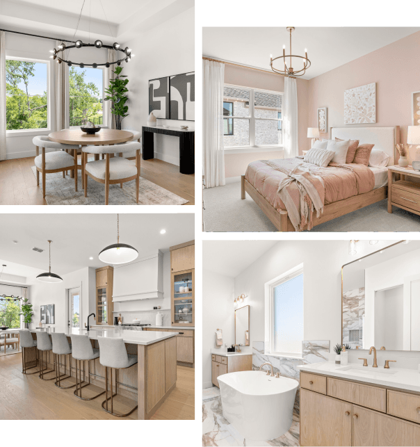 A collage showcasing four distinct rooms in a home, highlighting various styles and decor elements.