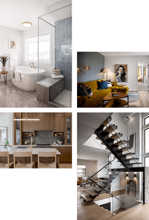 A collage showcasing various rooms in a modern home, highlighting contemporary design and decor elements.