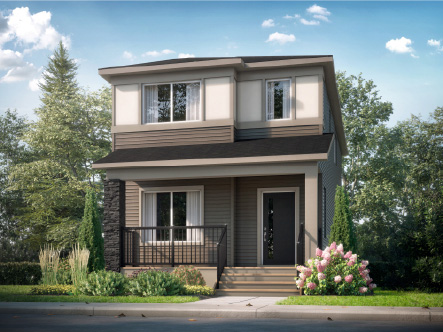 Two-storey laned home with a covered front porch at dusk