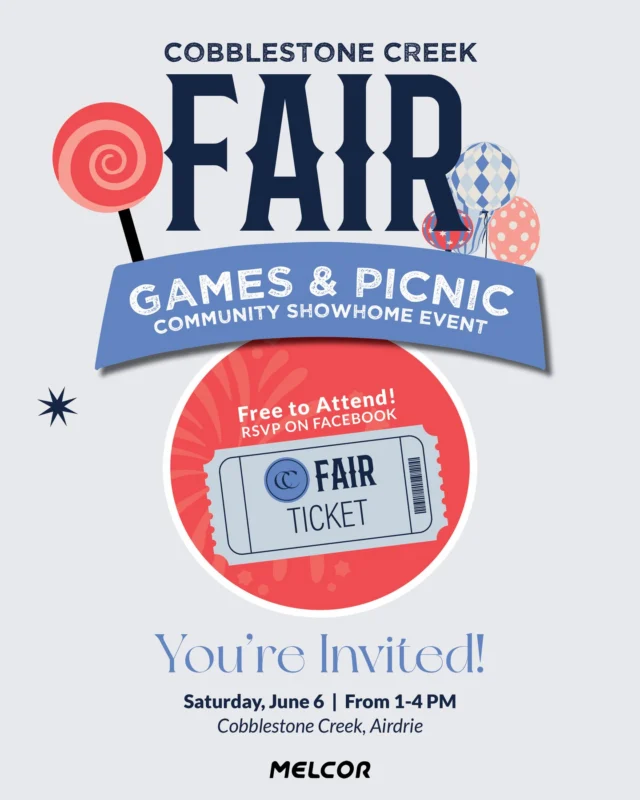 Cobblestone Creek Fair – A Games & Picnic Showhome Event!
📆Saturday, June 6th, from 1-4PM
📍In Cobblestone Creek, Airdrie, 705 Creekmill Ct

Enjoy an afternoon of lighthearted fun, brought to you by our friends at Melcor!

Wander through the showhomes, enjoy some delicious food, and soak up the joyful community spirit.