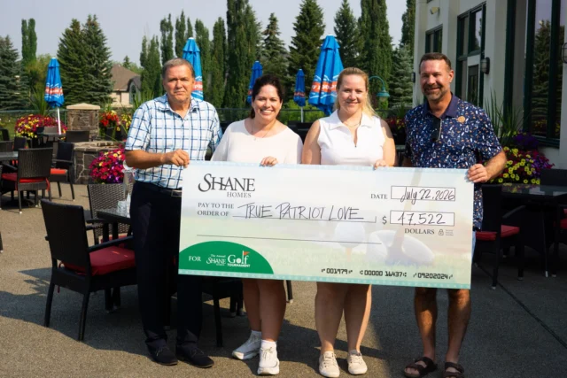 Another great year at the Shane Homes Annual Golf Tournament. 

Thank you to all of our staff, vendors, volunteers, and Hertiage Pointe Golf Club that helped make this event so successful. 

This year, we were incredibly honoured to support True Patriot Love. Our team was able to raise an astonishing $47,522 to help our military community.

True Patriot Love is Canada’s foundation for the military community, supporting Canadian Armed Forces members, Veterans, and their families through grants, research, and advocacy to improve well-being, inspire recovery, strengthen families, and foster community connection.