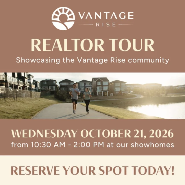 𝗢𝗻𝗲 𝘁𝗼𝘂𝗿. 𝗘𝘃𝗲𝗿𝘆 𝗦𝗵𝗼𝘄𝗵𝗼𝗺𝗲. 𝗘𝘃𝗲𝗿𝘆𝘁𝗵𝗶𝗻𝗴 𝘆𝗼𝘂𝗿 𝗯𝘂𝘆𝗲𝗿𝘀 𝗮𝗿𝗲 𝗴𝗼𝗶𝗻𝗴 𝘁𝗼 𝗮𝘀𝗸 𝘆𝗼𝘂 𝗮𝗯𝗼𝘂𝘁.

The Vantage Rise Realtor Tour is happening Wednesday, October 21, and Shane Homes is proud to be part of it. This is your chance to see the community the way your clients will: walking through the Showhomes, opening the doors and getting a real feel for the space.

You’ll also get current Quick Possession details for buyers on a timeline, meet the builder and Showhome teams you’ll be working with, and take home a swag bag full of resources for your clients.

Date: Wednesday, October 21, 2026
Time: 10:30 a.m. to 2:30 p.m.

Spots are limited, and RSVPs close October 16. After that, it’s waitlist only.

Comment VANTAGE and we’ll send you a link.