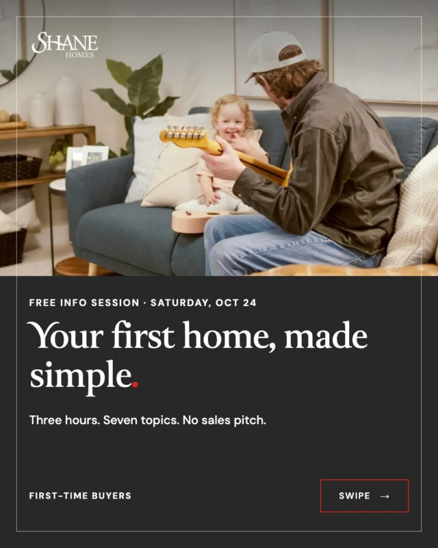 𝗬𝗼𝘂 𝗮𝗿𝗲 𝗻𝗼𝘁 𝗯𝗲𝗵𝗶𝗻𝗱. 𝗬𝗼𝘂 𝗷𝘂𝘀𝘁 𝗻𝗲𝗲𝗱 𝘁𝗵𝗲 𝗿𝗶𝗴𝗵𝘁 𝗿𝗼𝗼𝗺.

Tomorrow, Shane Homes is hosting a FREE First-Time Home Buyer Info Session in Calgary.

📅 Saturday, Oct 24 
🕐 1:00pm to 4:00pm 
📍 5661 7th Street N.E., Calgary

In this session you’ll learn: 

✅ How to build your budget
✅ What mortgage pre-approval really looks like
 ✅ How the GST rebate works
 ✅ What closing costs include 
✅ New home vs. resale, the real numbers

Plus a chance to win a $2,500 Design Studio Upgrade Credit. No sales pitch, no pressure, snacks included.

Open to Calgary, Airdrie and Chestermere residents.

👉 Save your free seat through the link in bio and send this to the person you’d buy your first home with 💌